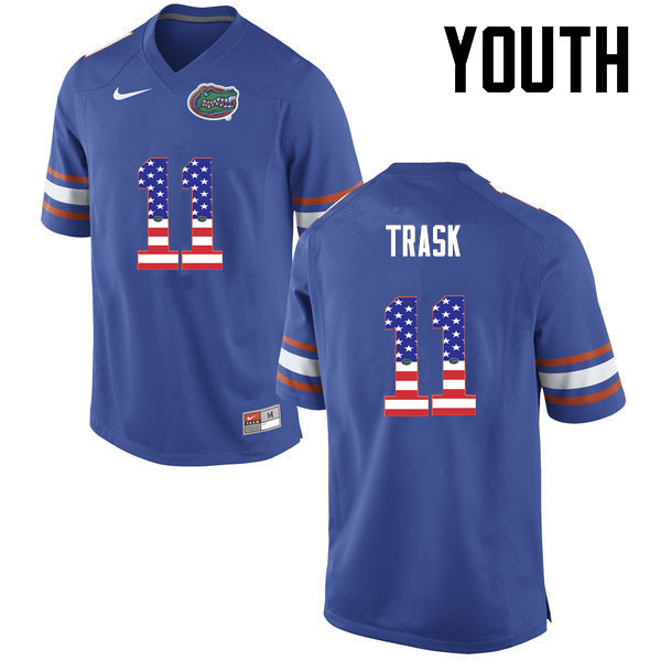 Youth Florida Gators #11 Kyle Trask College Football USA Flag Fashion Jerseys-Blue
